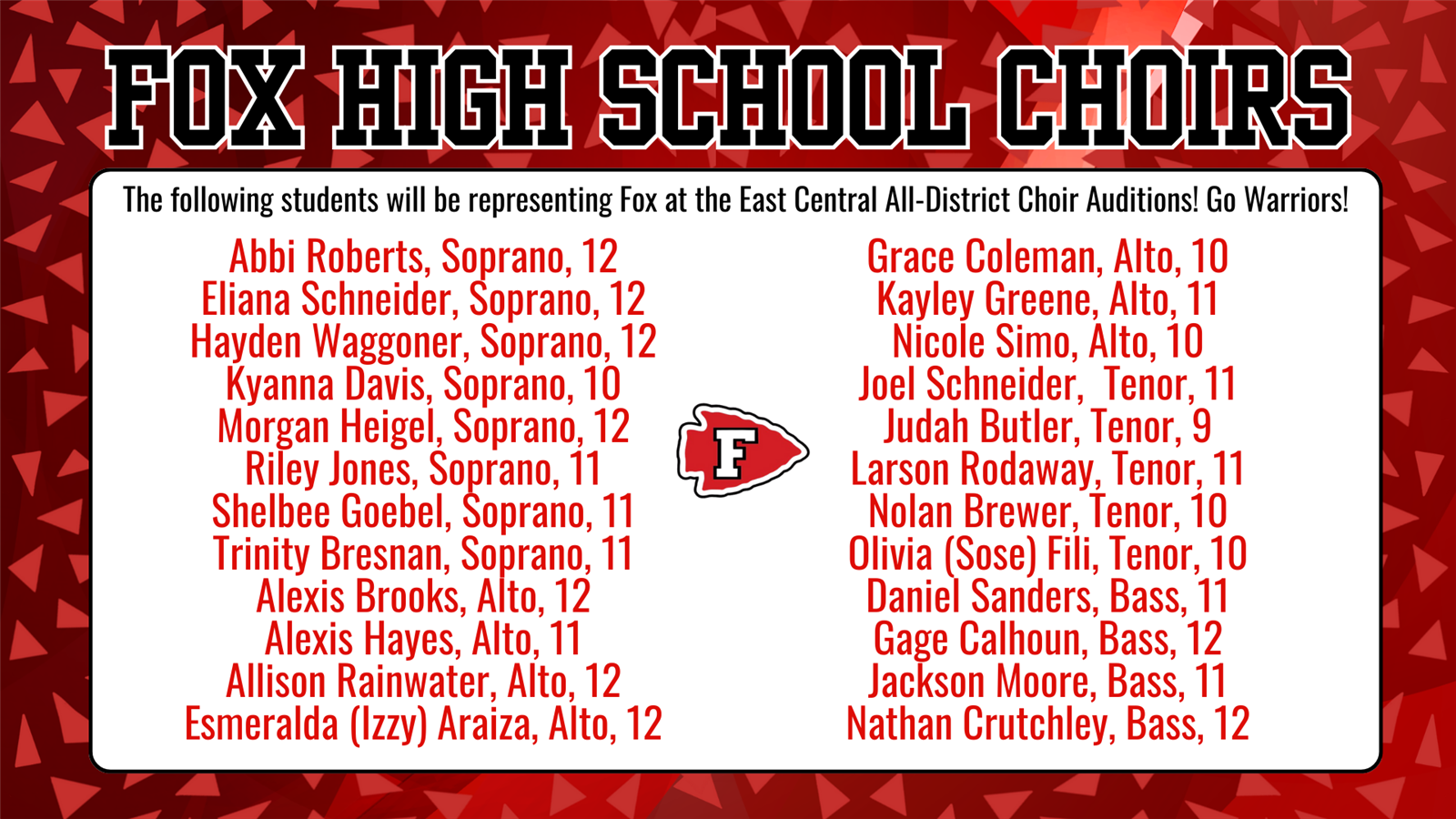  List of the names of students auditioning for All-District Choir